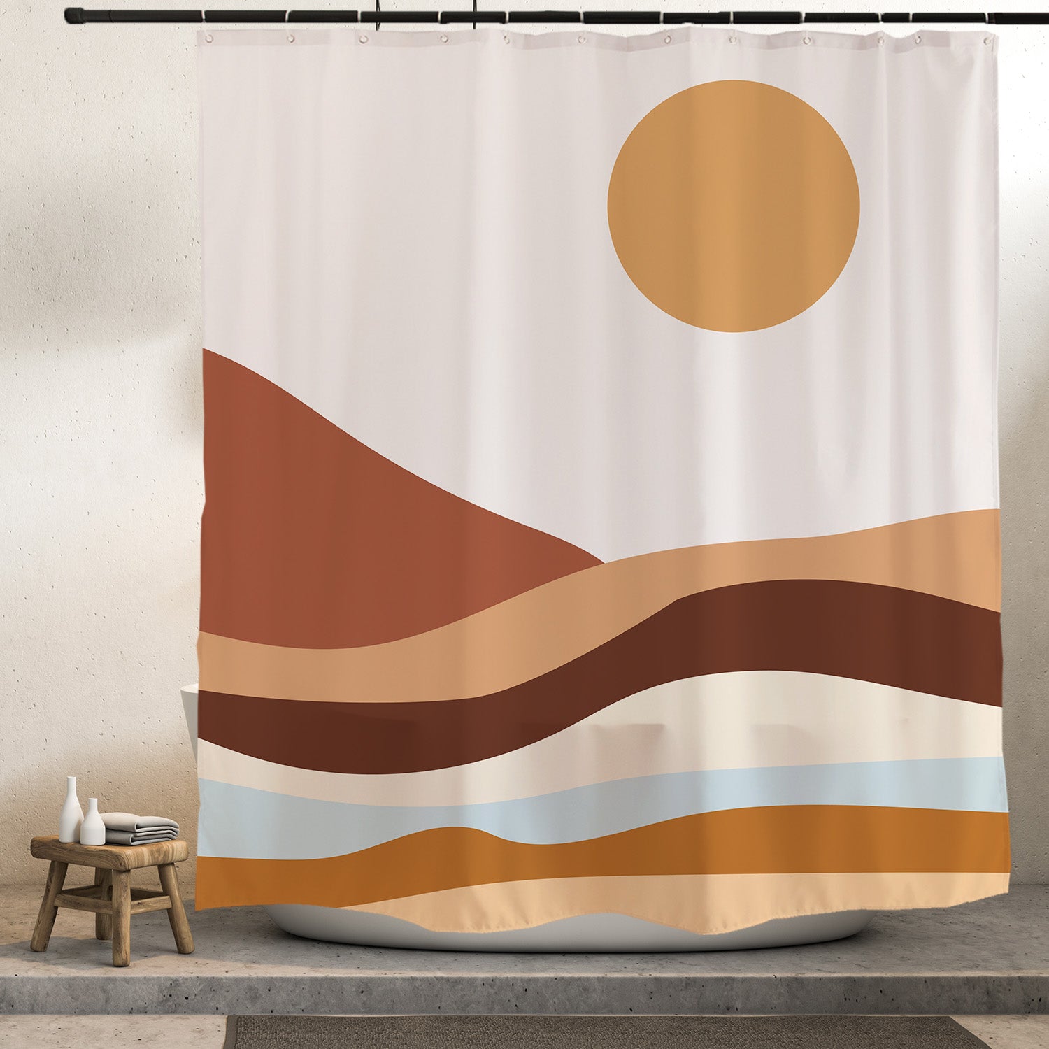 Orange Mountains and Rivers Sunrise Shower Curtain with Hooks