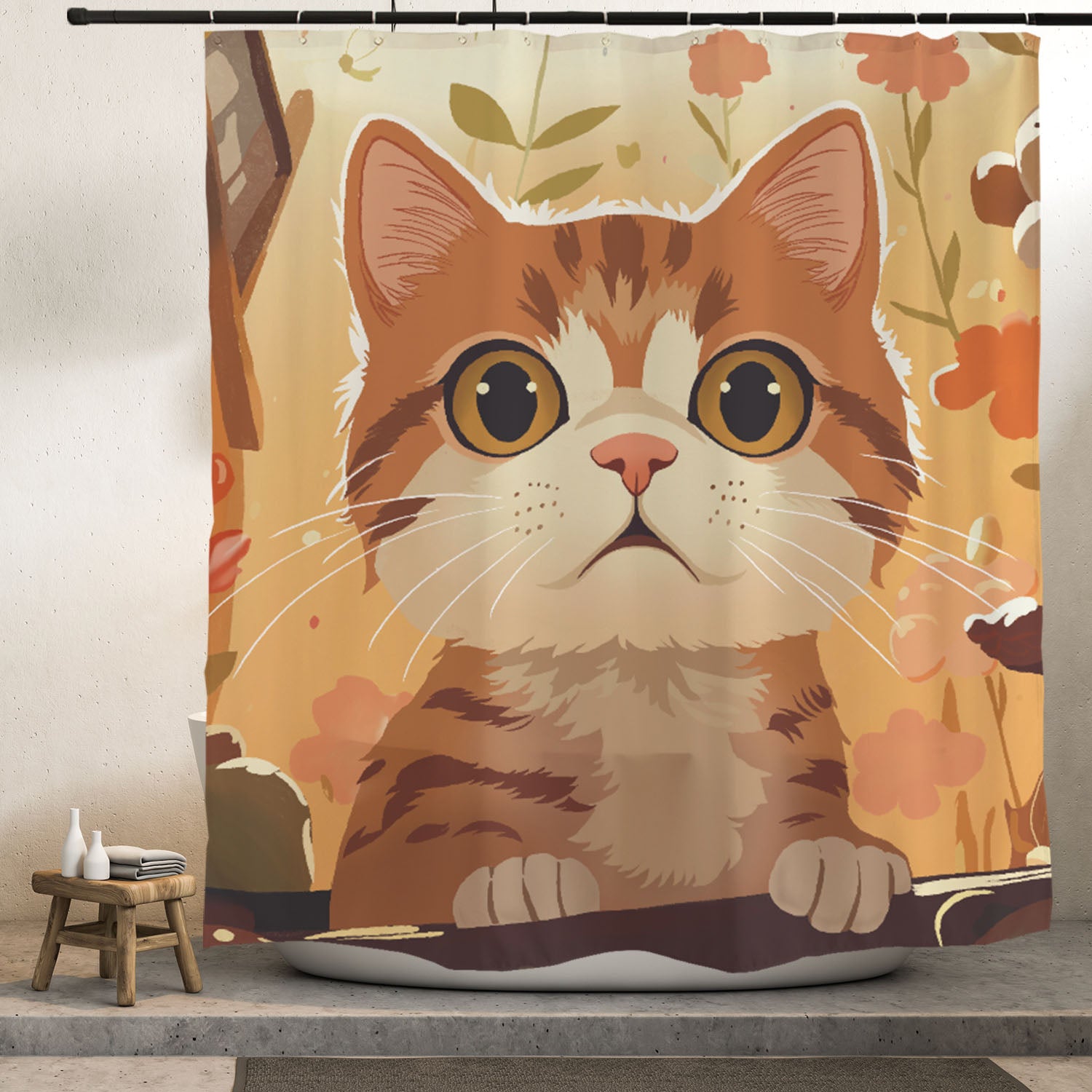  Garden Cute Cat Shower Curtain with Hooks