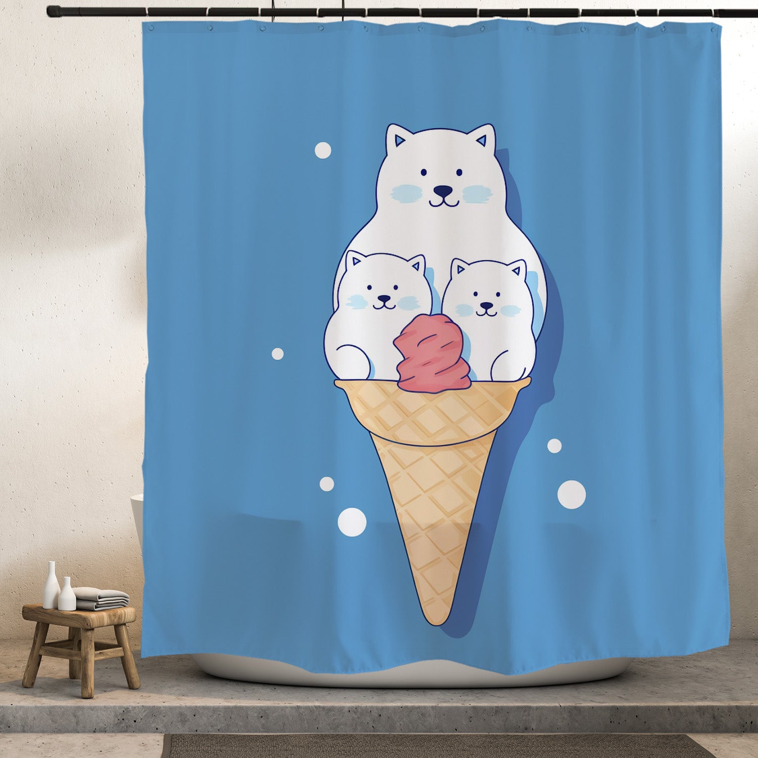 White Polar Bear Ice Cream Shower Curtain with Hooks