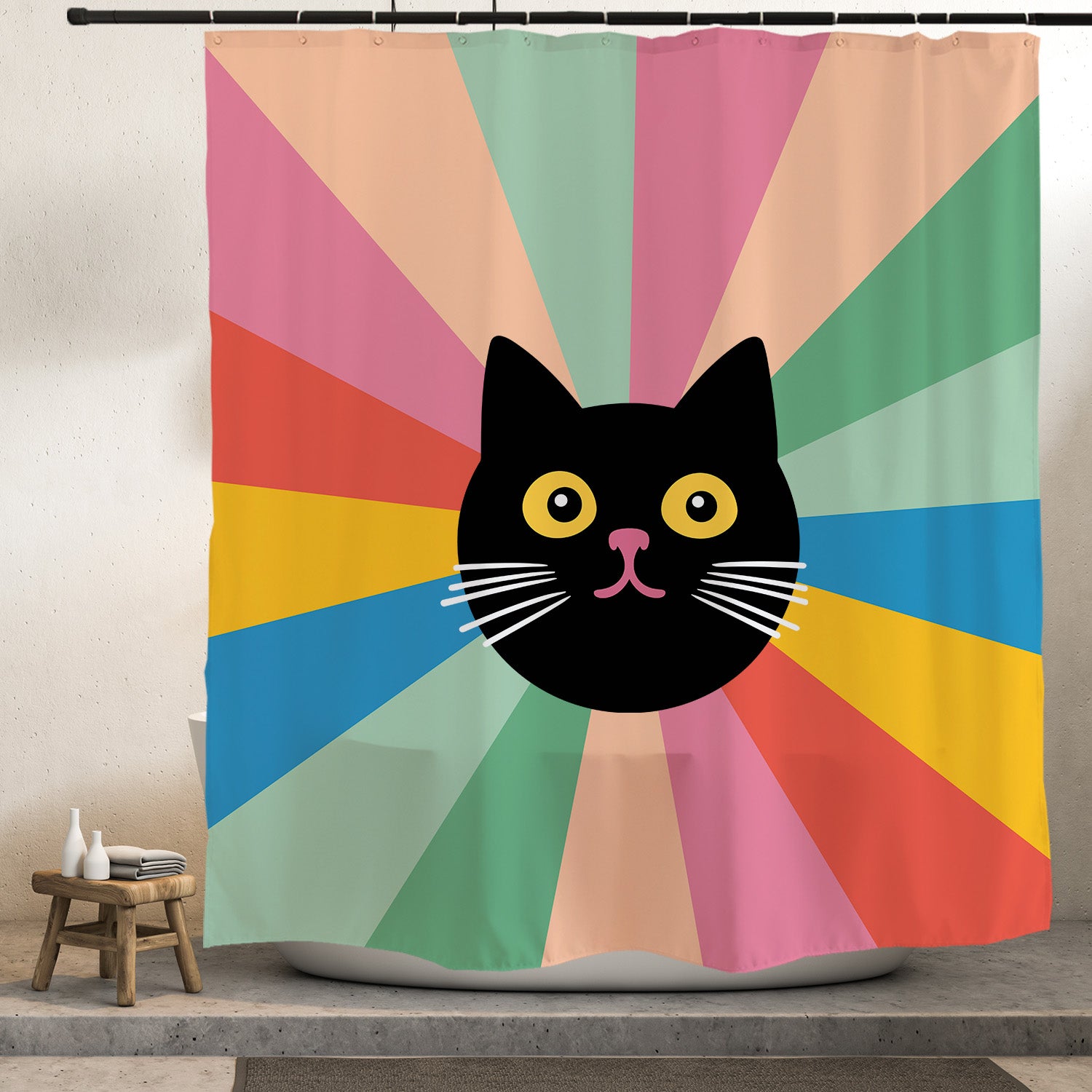 Black Cat Colorful Stripes Background Shower Curtain with Hooks
