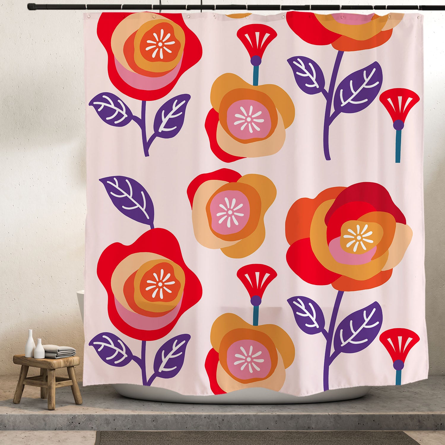  Bright Red Flowers Shower Curtain with Hooks